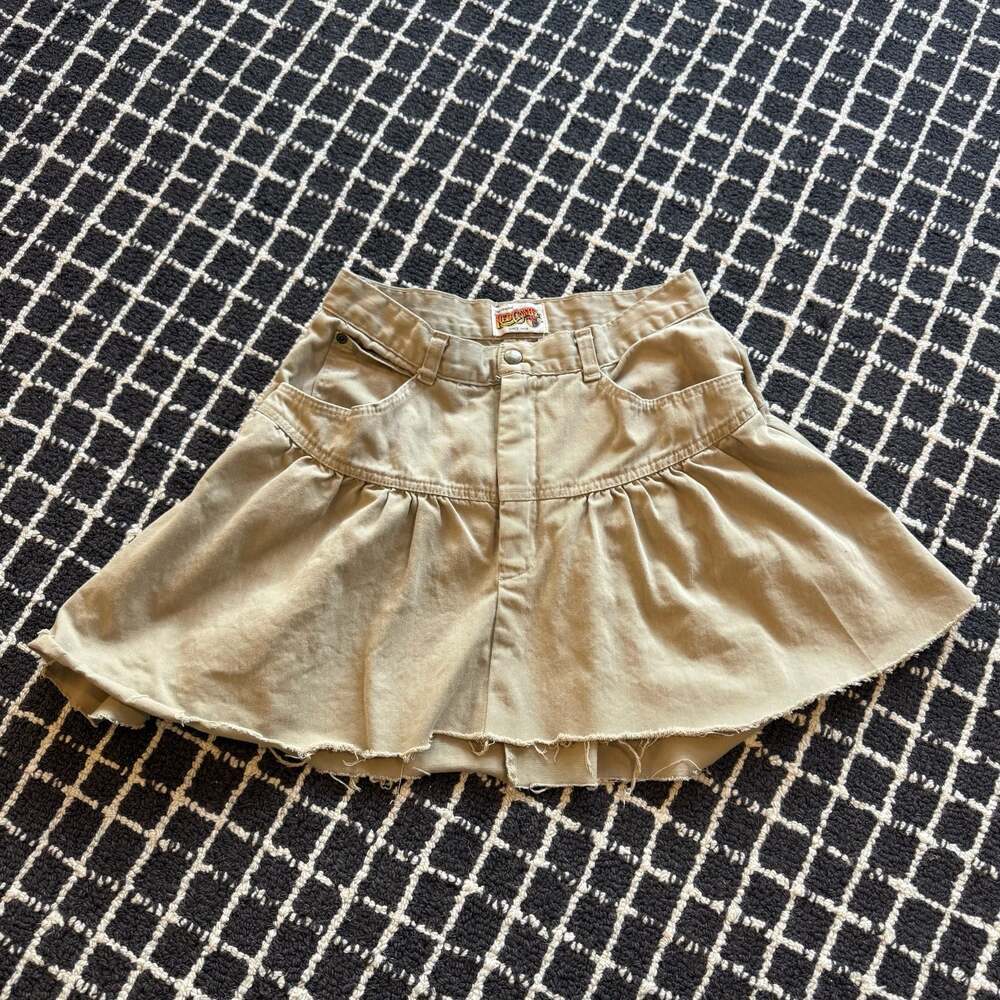 Red Camel Vintage 90s Khaki Cotton Flounced Raw Hem Mini Skirt Size 2 check meas